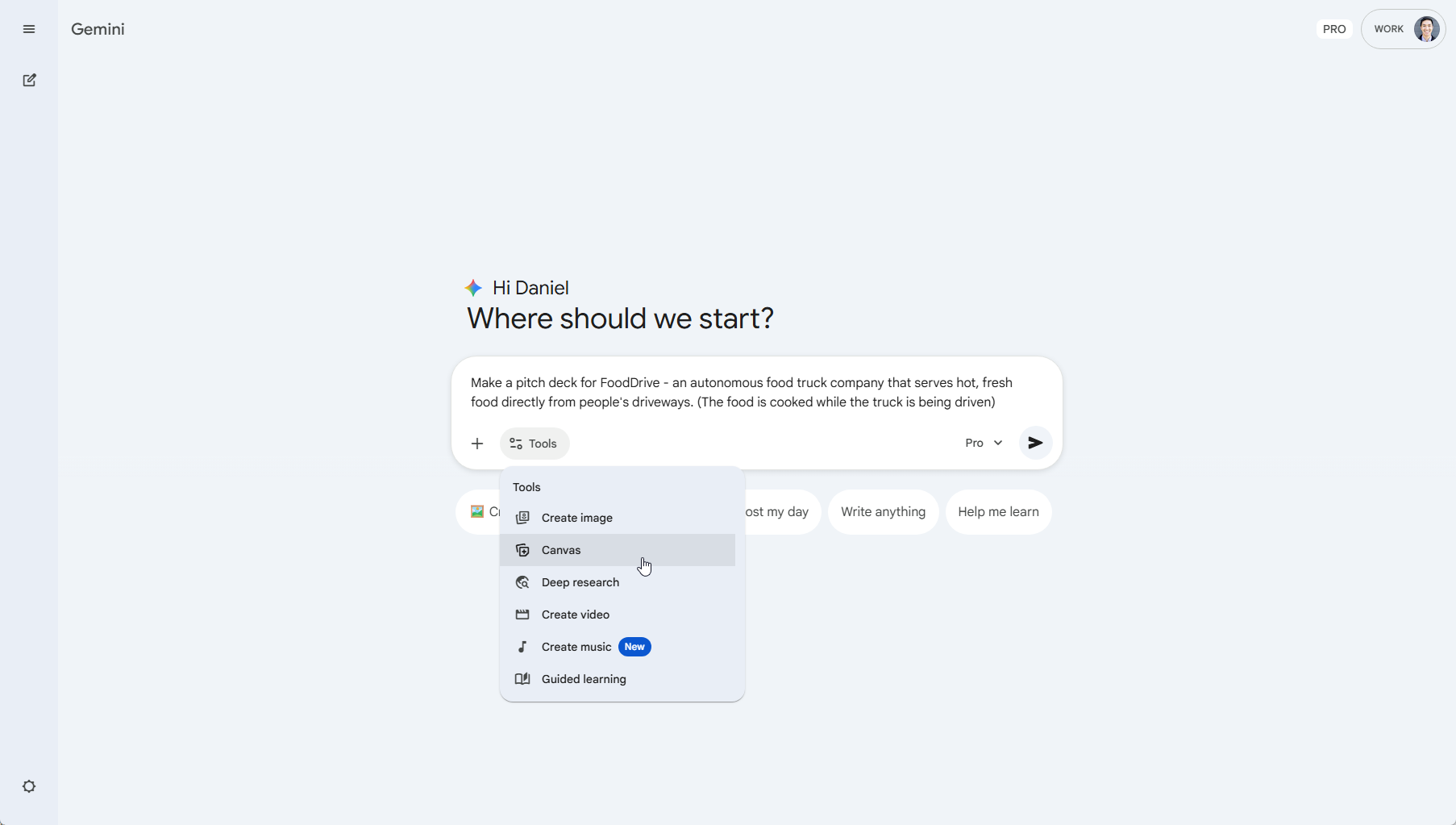 Gemini chatbot Canvas mode for creating slides