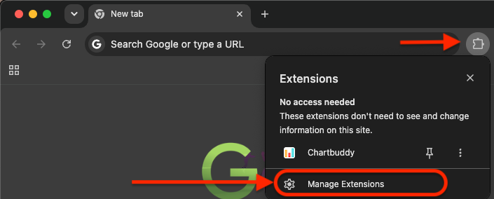 Chrome toolbar with the extensions puzzle piece and Manage extensions option