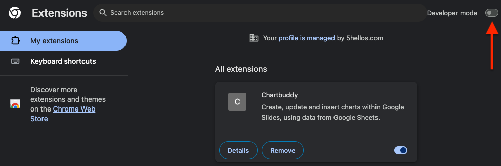 Chrome Extensions page with Developer mode enabled