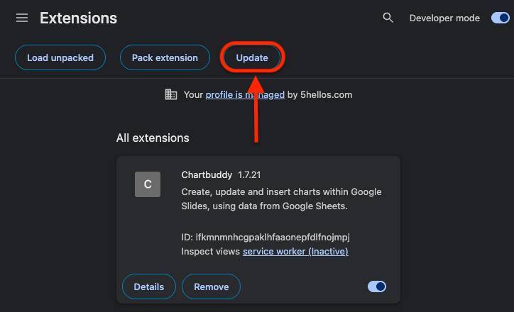 Chrome Extensions page with the Update button visible