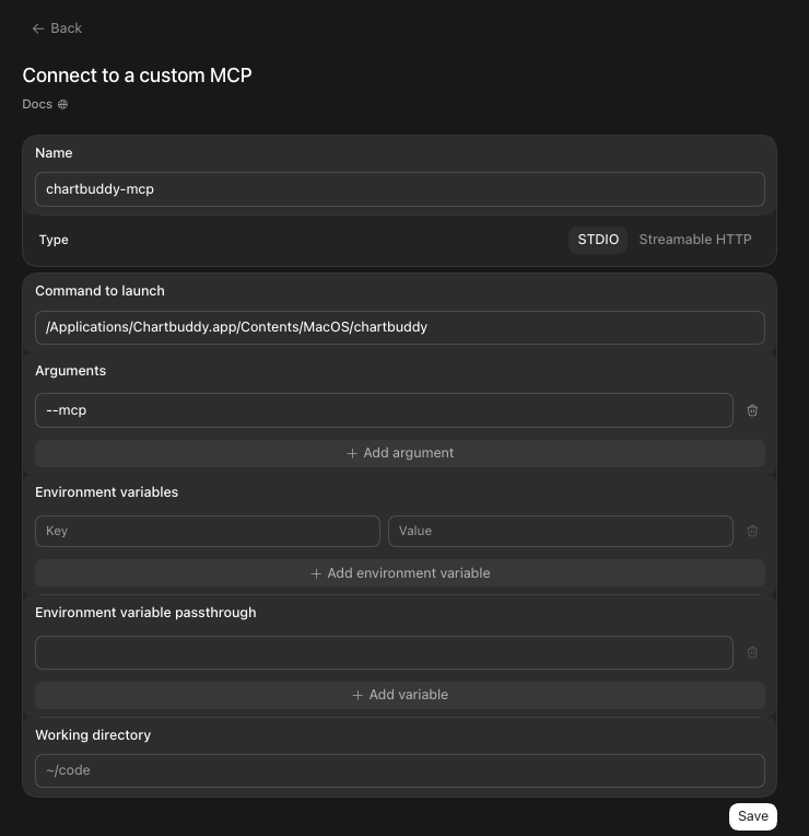 Enter Chartbuddy STDIO command and --mcp argument