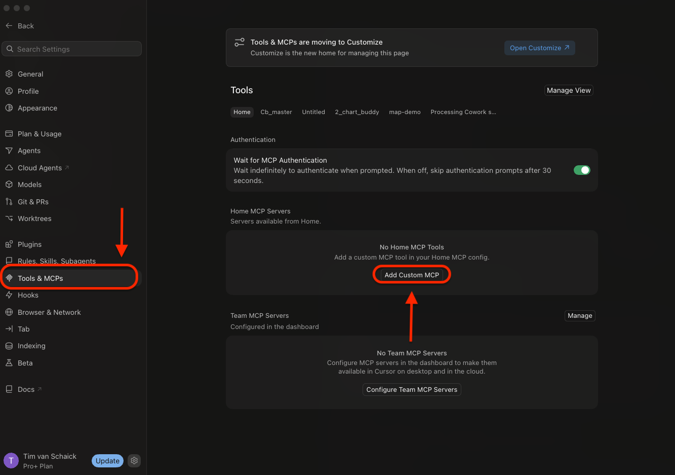 Open Tools & MCPs, then Add Custom MCP